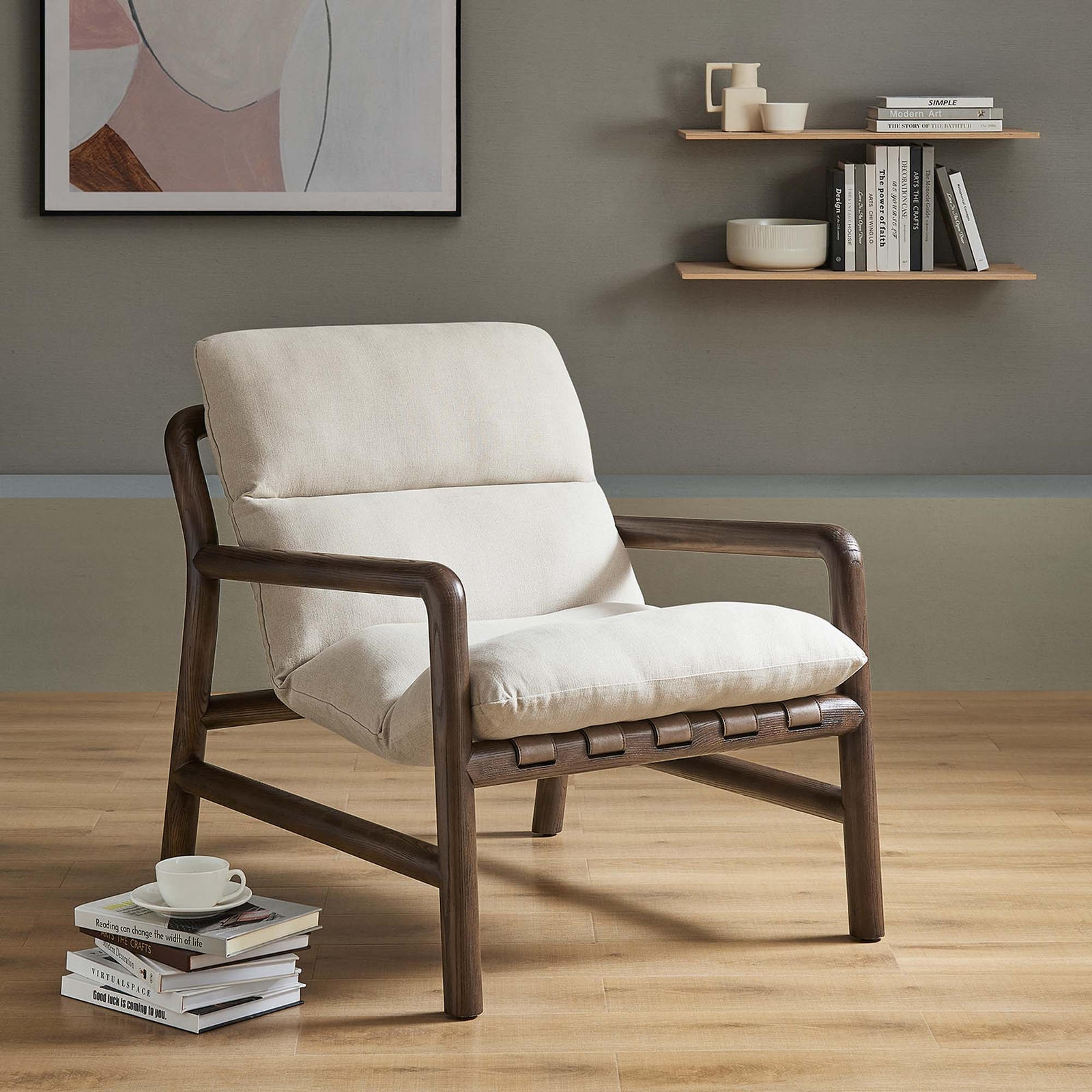 Paxton Wood Sling Chair in Dune Fabric Walnut
