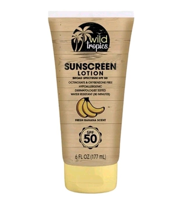 NEW! Wild Tropics 6 Oz.🍌 ●FRESH BANANA SCENT● Broad Spectrum ☀️SPF50 Sunscreen.