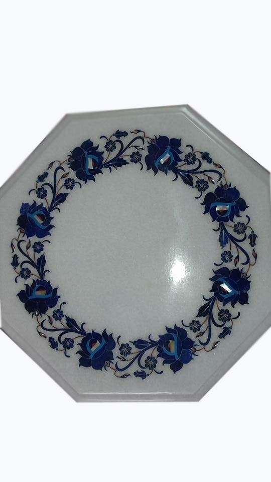 12" Marble Corner Table Top Handmade Semi Precious Stone Pietra Dura Work