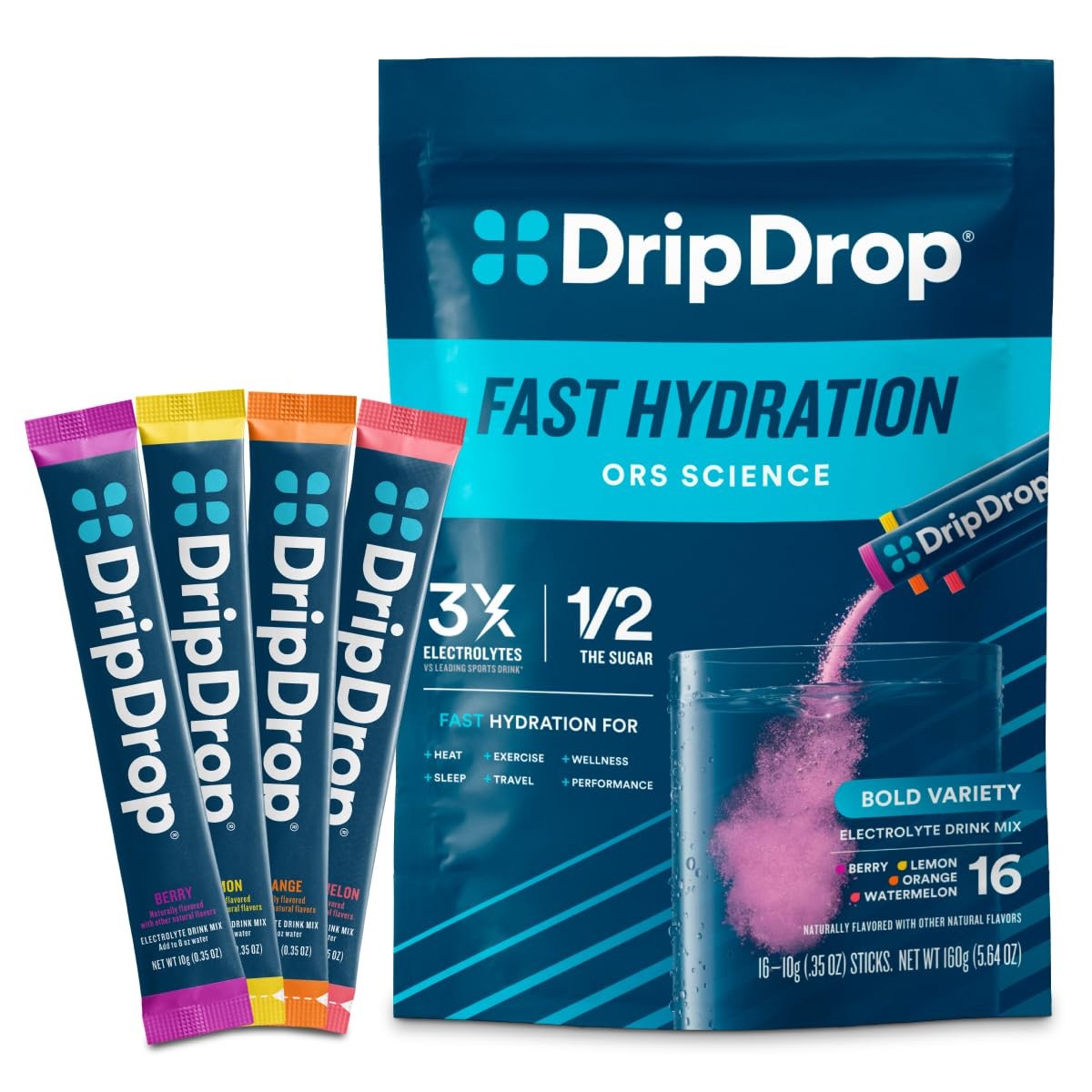 Drip Drop Electrolyte Hydration Powder Single Serve 16ct Bold Variety Pack
