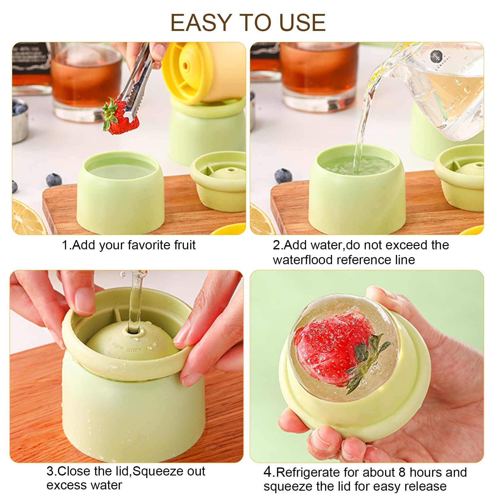 4 Pack Round Ice Cube Molds 2.4 Inch Green Yellow Sphere Set