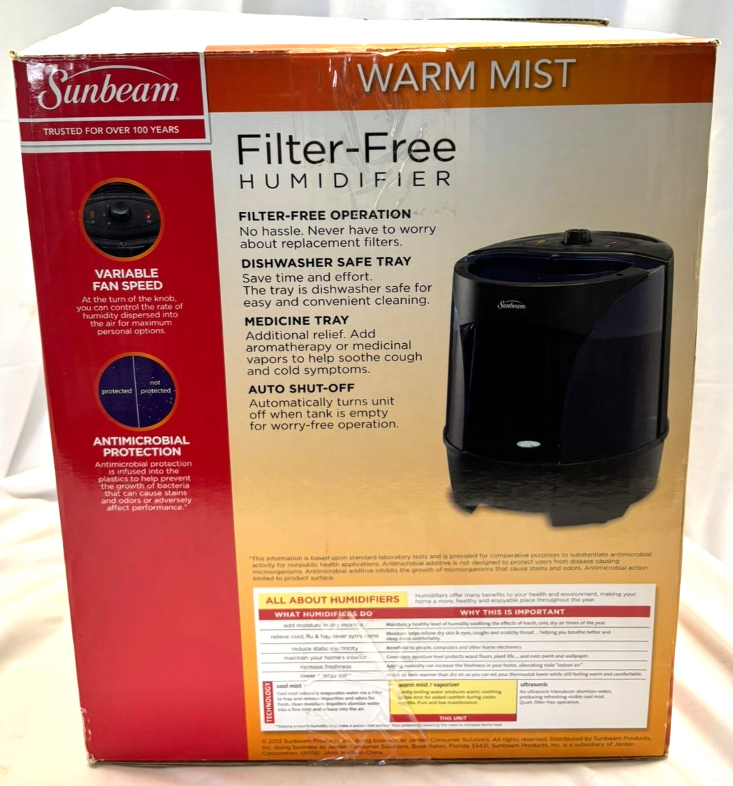 Sunbeam Warm Mist SWM6000 Tabletop Humidifier, Filter-Free, Auto Shut-Off
