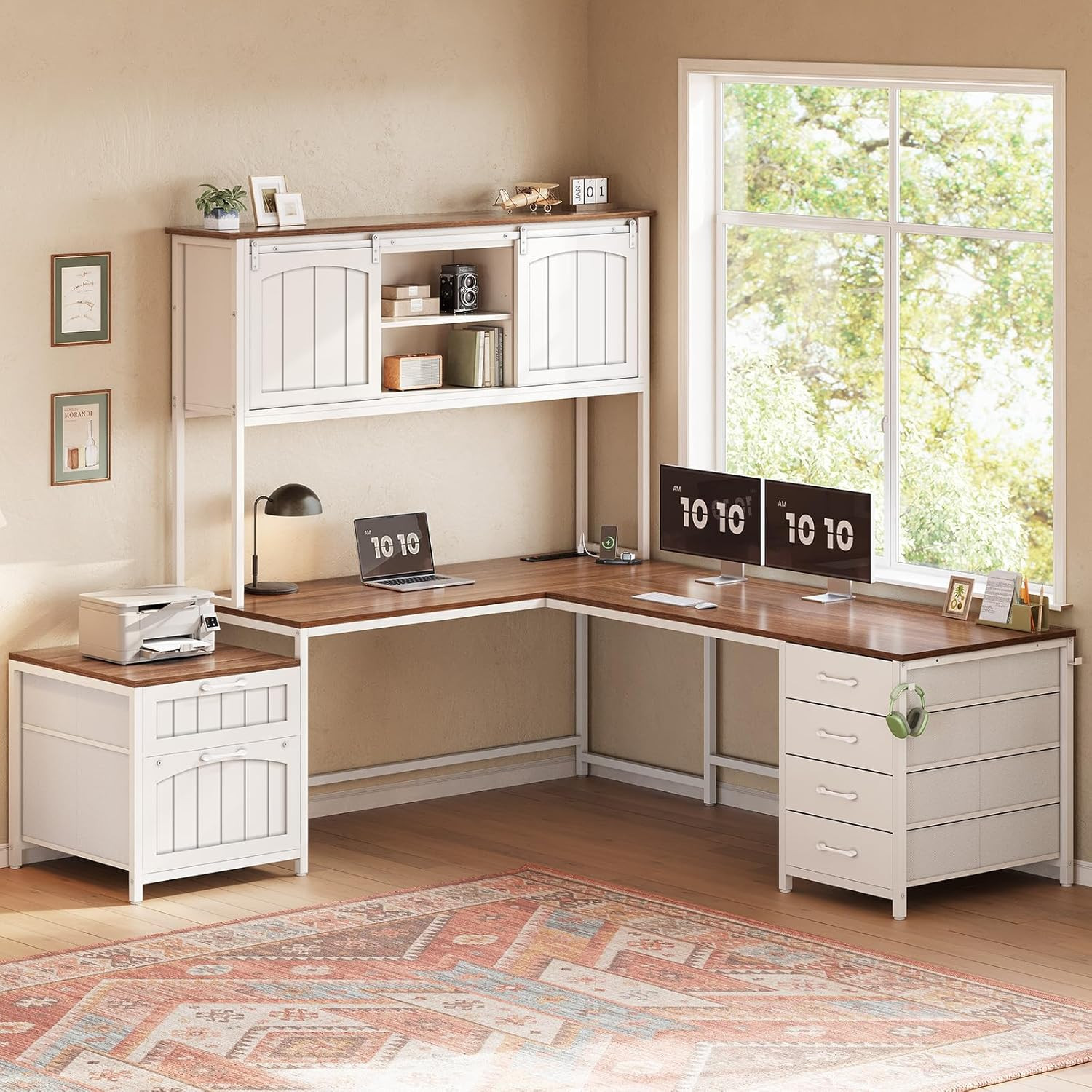 Reversible Farmhouse L Shaped Office Desk with 6 Drawer, Hutch | Computer Corner