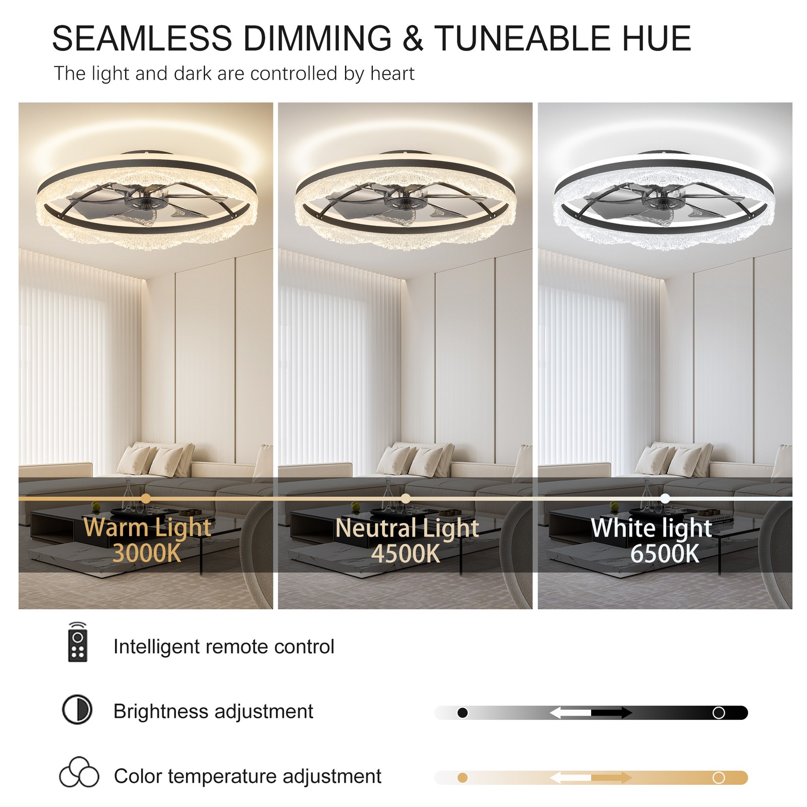 24" Flush Mount Modern Ceiling Fan Light LED Dimmable Lamp Fixture Kit w Remote