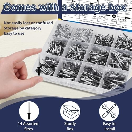 970Pcs Pop Rivets with Washer Assortment Kit, 14 Sizes Rivets 970/set Black