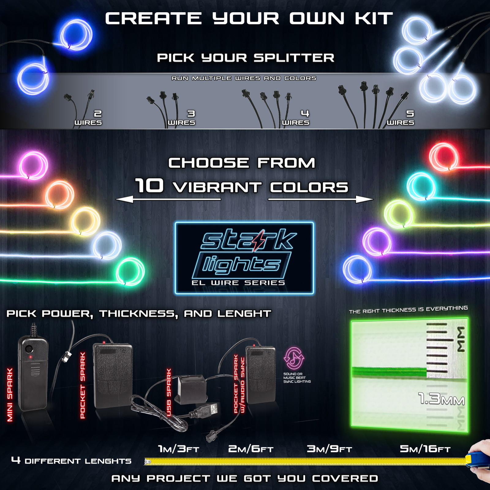 Neon LED Light Glow EL Wire 2 3 4 5 Splitter + Control String Rope - 1.3mm Thick