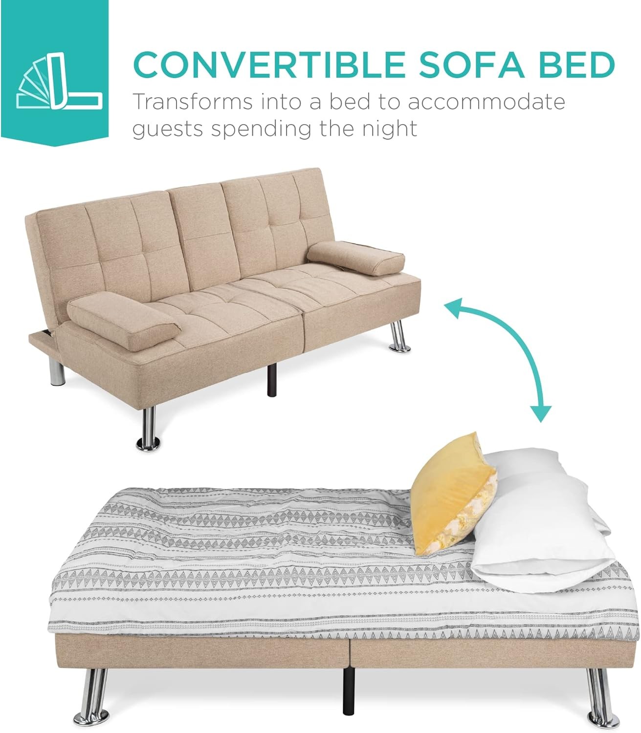 Linen Modern Folding Futon Reclining Sofa Bed Removable Armrests 2 Cupholders
