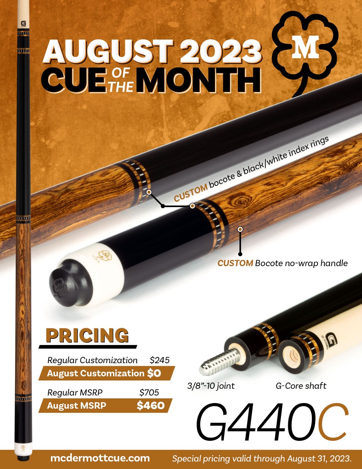 IN STOCK, McDermott G440 C Pool Cue w/ 12.75mm G-Core Shaft COTM, FREE HARD CASE