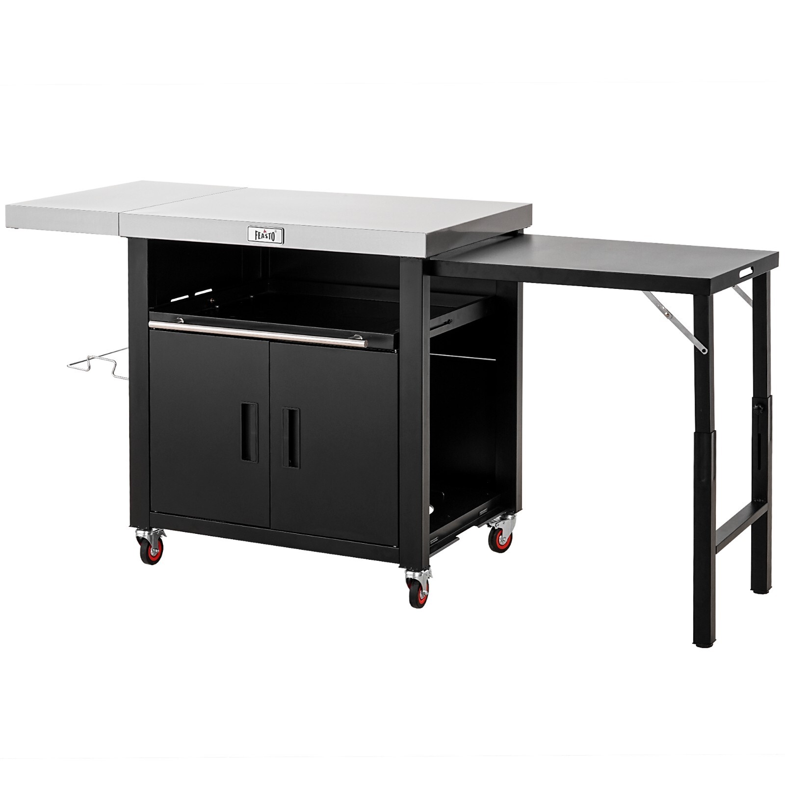 Feasto  Grill Cart Outdoor Kitchen Cart with Cabinet & 2 Foldable Side Tables