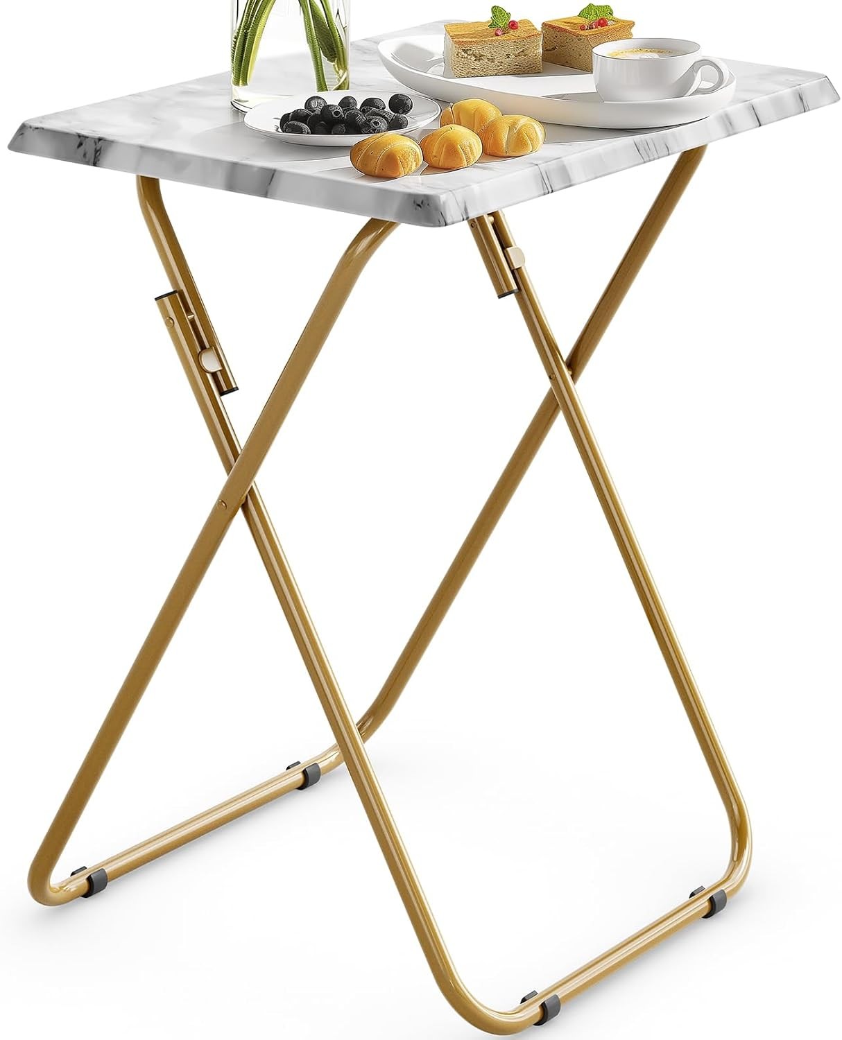 Folding TV Tray Table No Assembly  W/ Marble-Look Top Versatile