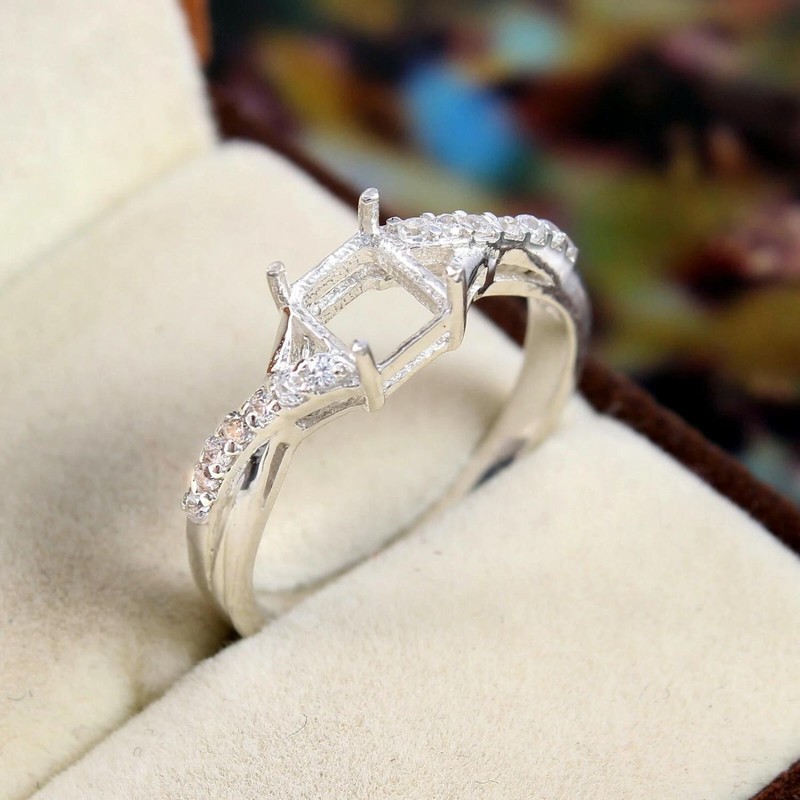 5mm Square Semi Mount Ring 925 Sterling Silver White CZ Accented Setting