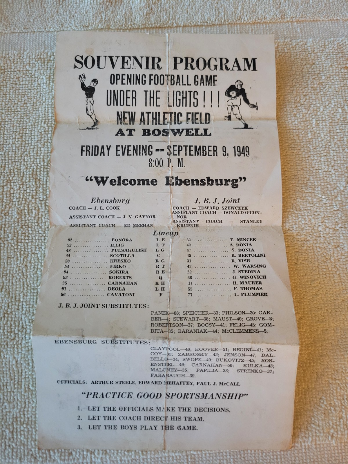 Vintage 1949 Jenner Boswell Joint vs Ebensburg High School Football Program