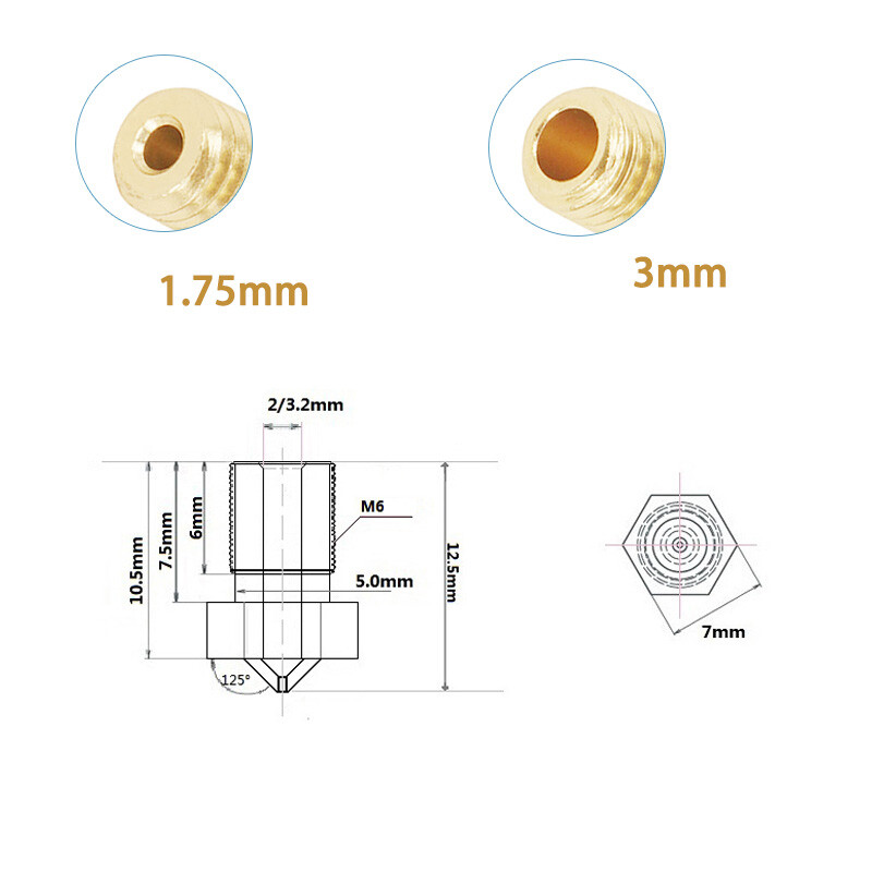 0.2-1.0mm 3D Printer Nozzle Brass Extruder E3D V5 V6 M6 -1.75 /3mm Compatible