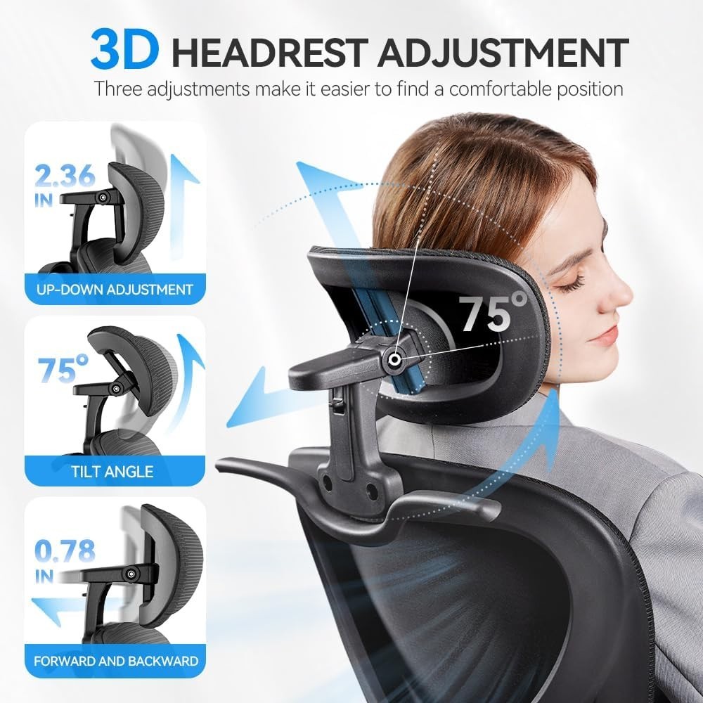 Ergonomic Office Chair with Headrest 3D, Mesh Office Desk Chair with Adjustab...