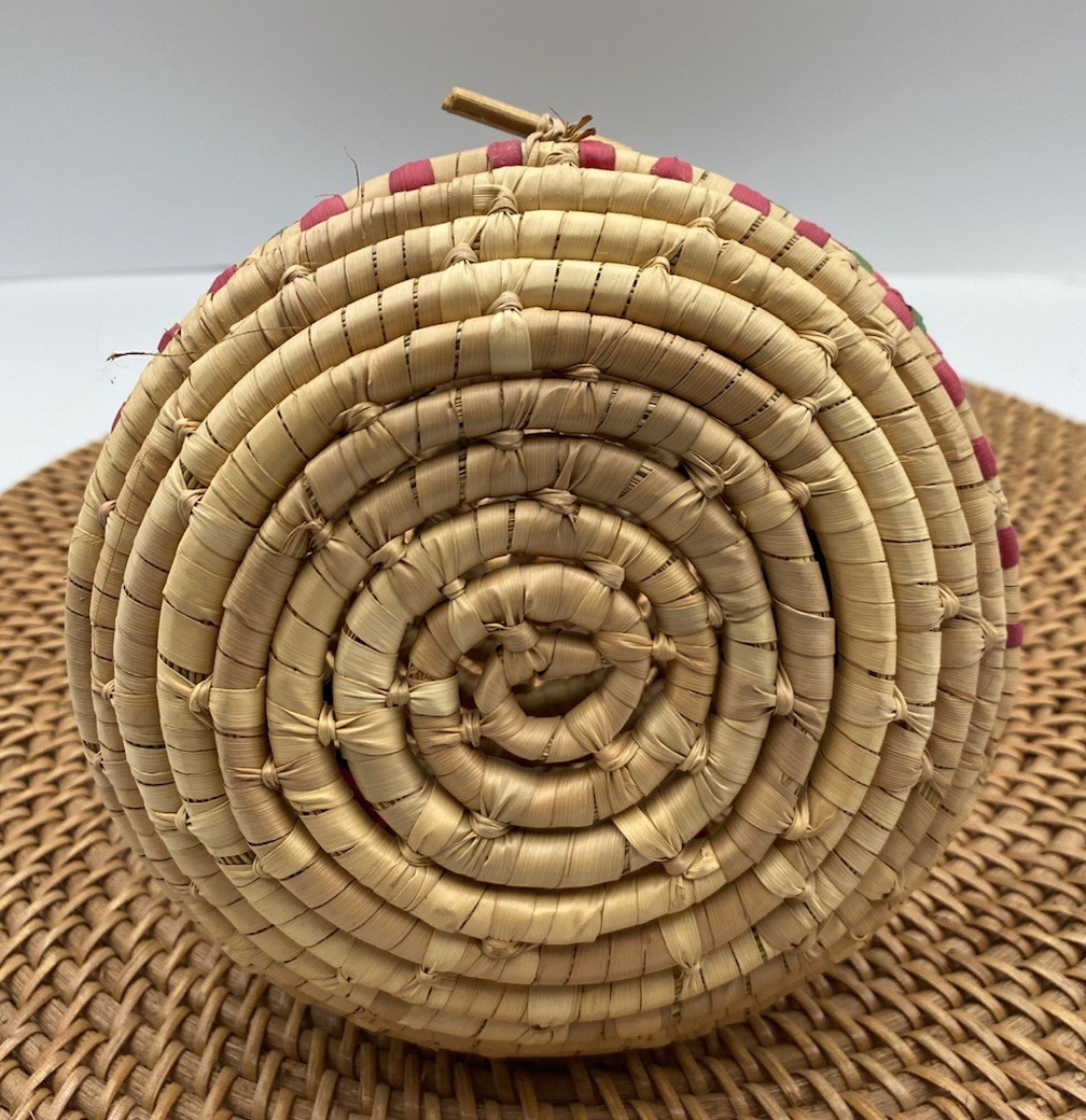 Hand Made Round Lidded Basket With Handles Locking Multi Color