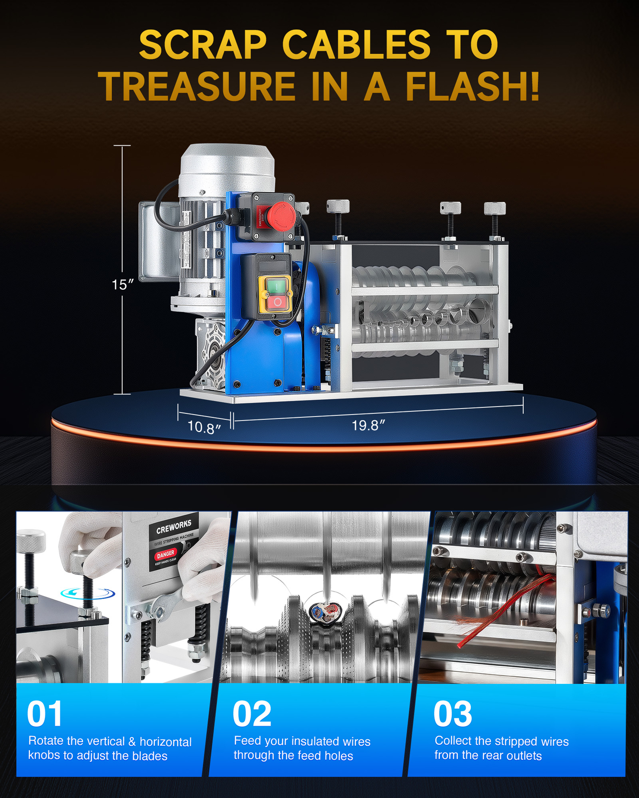 CREWORKS Automatic Wire Stripping Machine for 0.06-1.5in Copper Electrical Wires