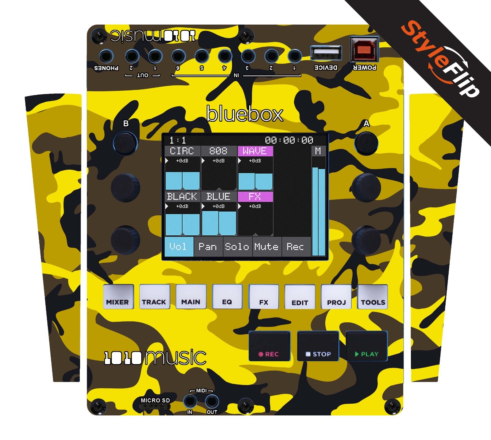 1010 Music Bluebox Skins | Yellow Camo | Protective Decal | StyleFlip Skins