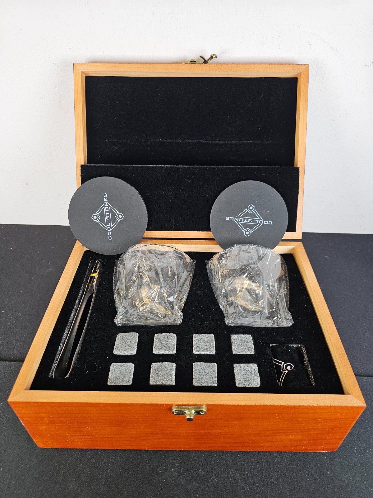 Cool Stones Whiskey Glass Set Of 2 With Chilling Stones & Metal Tongs Gift Set