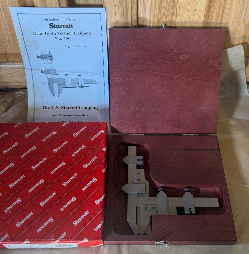 The Starrett 456B Gear Tooth Vernier Caliper 10-1 D.P. in Wood Case and Box