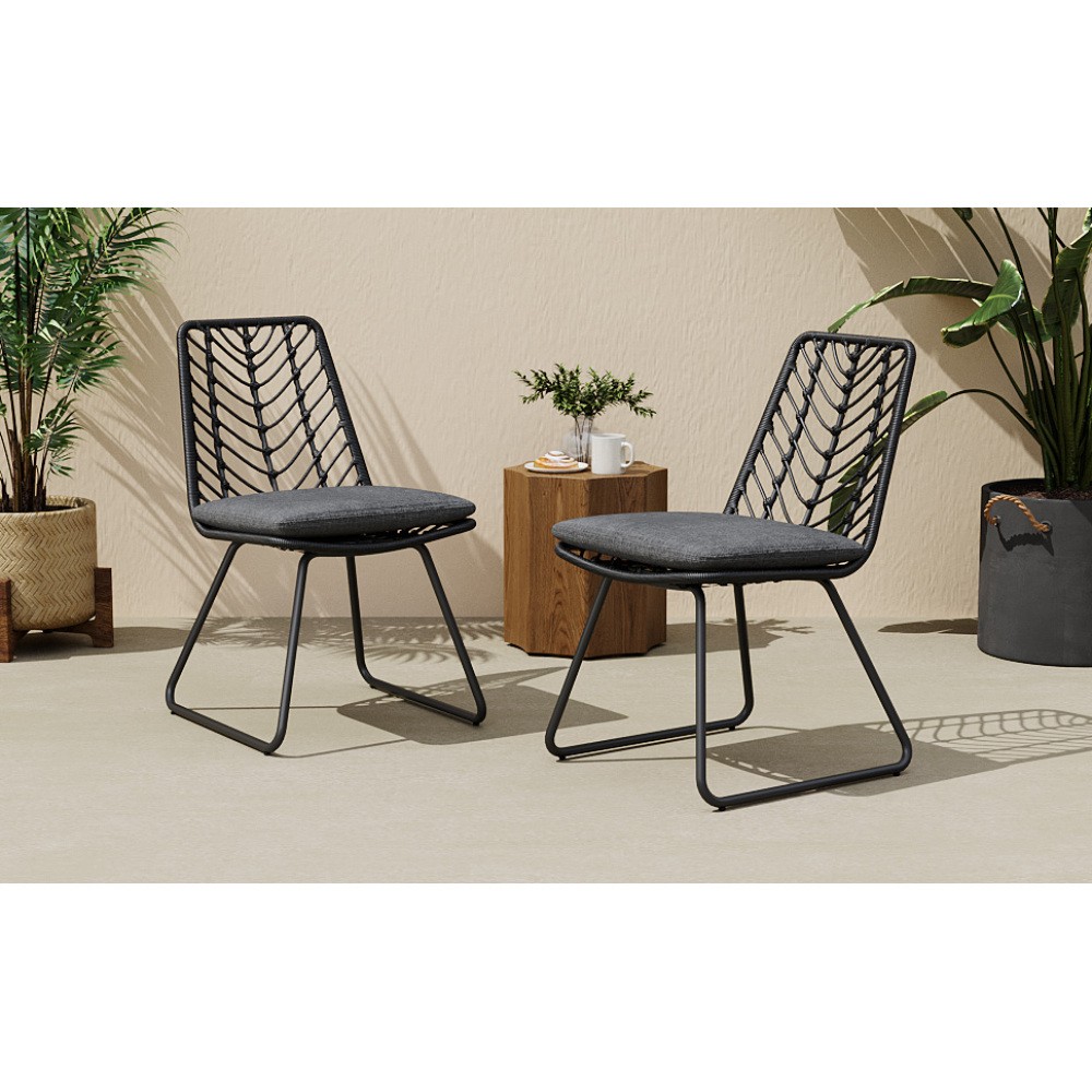 2PC Gray Outdoor Chairs w/ Water-Resistant Cushions - Rattan & Iron