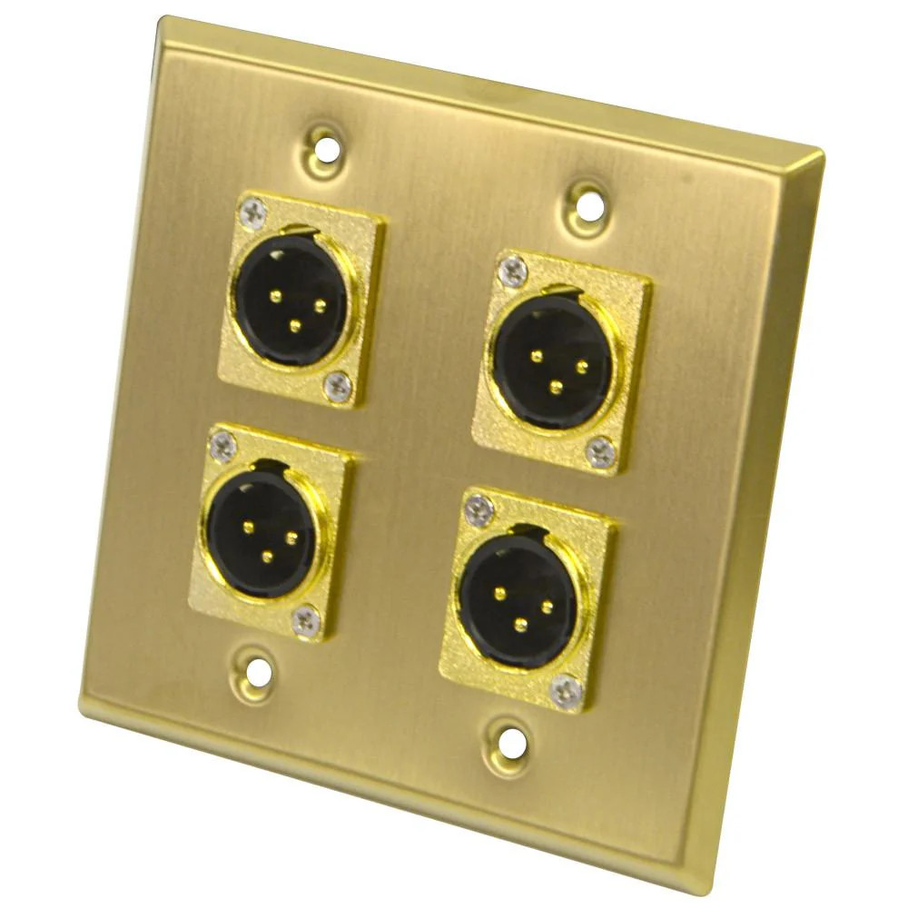 Gold Stainless Steel 2 Gang Wall Plate with 4 XLR Male Connectors