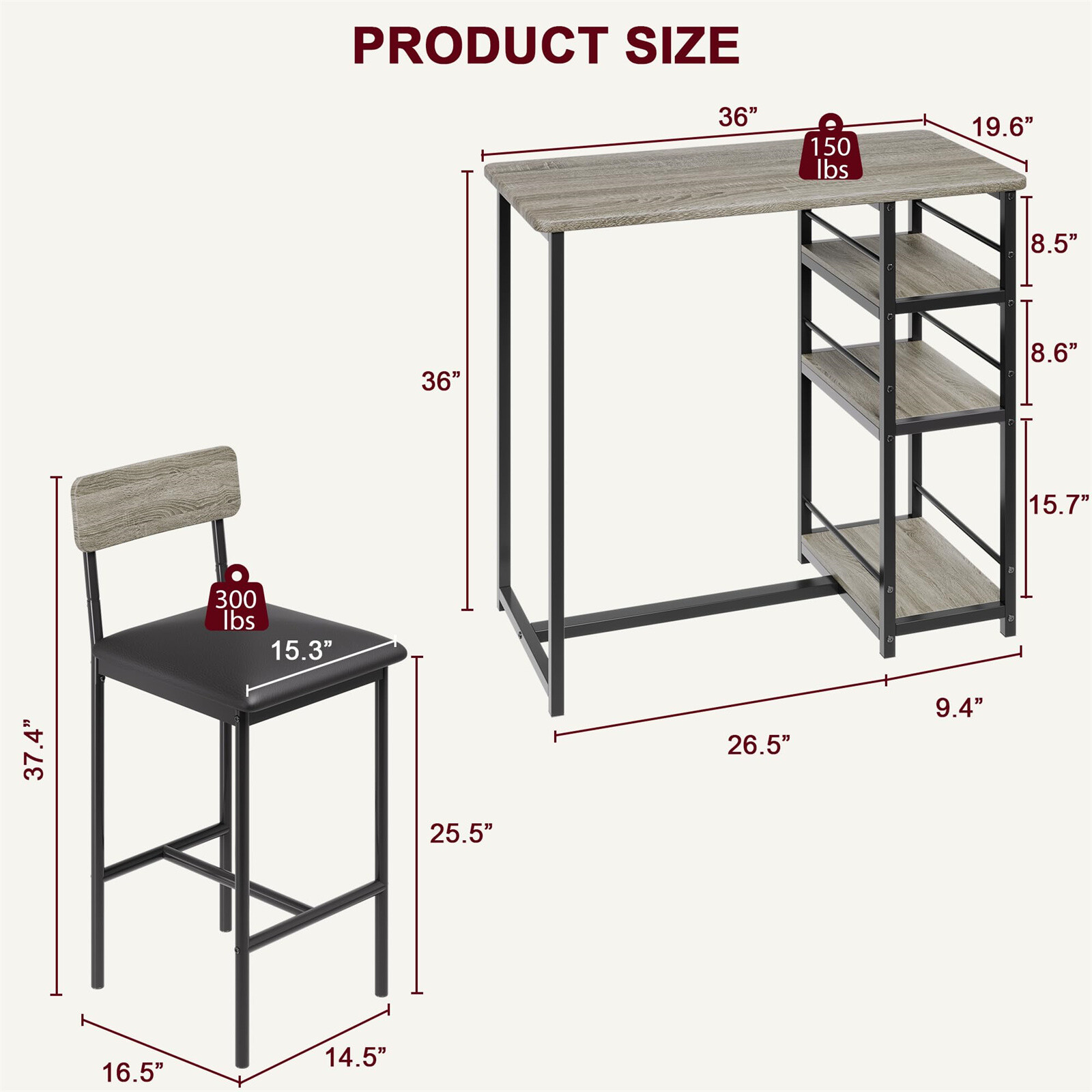 Dining Table Kitchen Table Set with 2 Upholstered Chairs 3 Large Storage Shelve