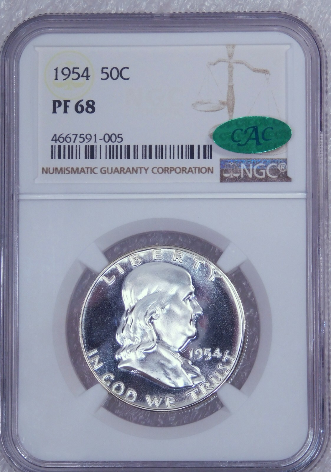 1954 Franklin Silver Half Dollar NGC PF68 CAC White Proof Superb Luster, PQ #G8