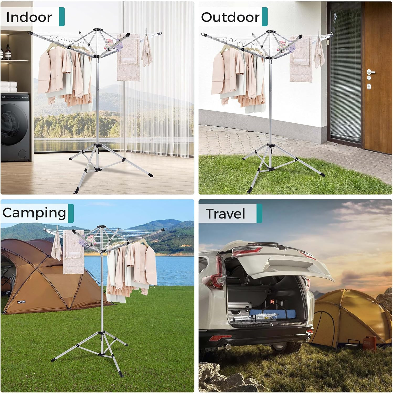 Heavy Duty 4-Arm Umbrella Clothesline, 65ft Drying Space, Adjustable Height