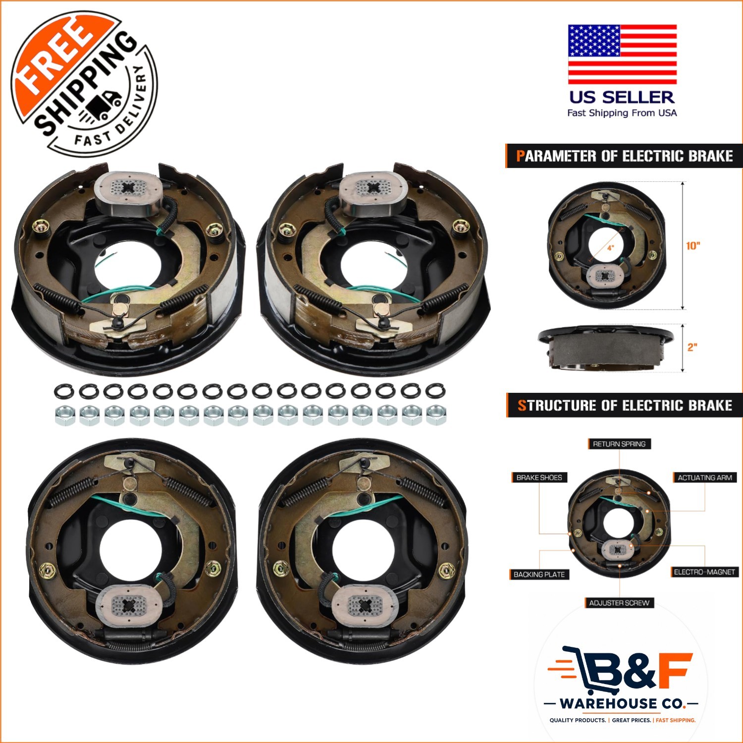 High-Performance 4Pcs Electric Trailer Brake Assemblies for Safe Towing 3,500lbs