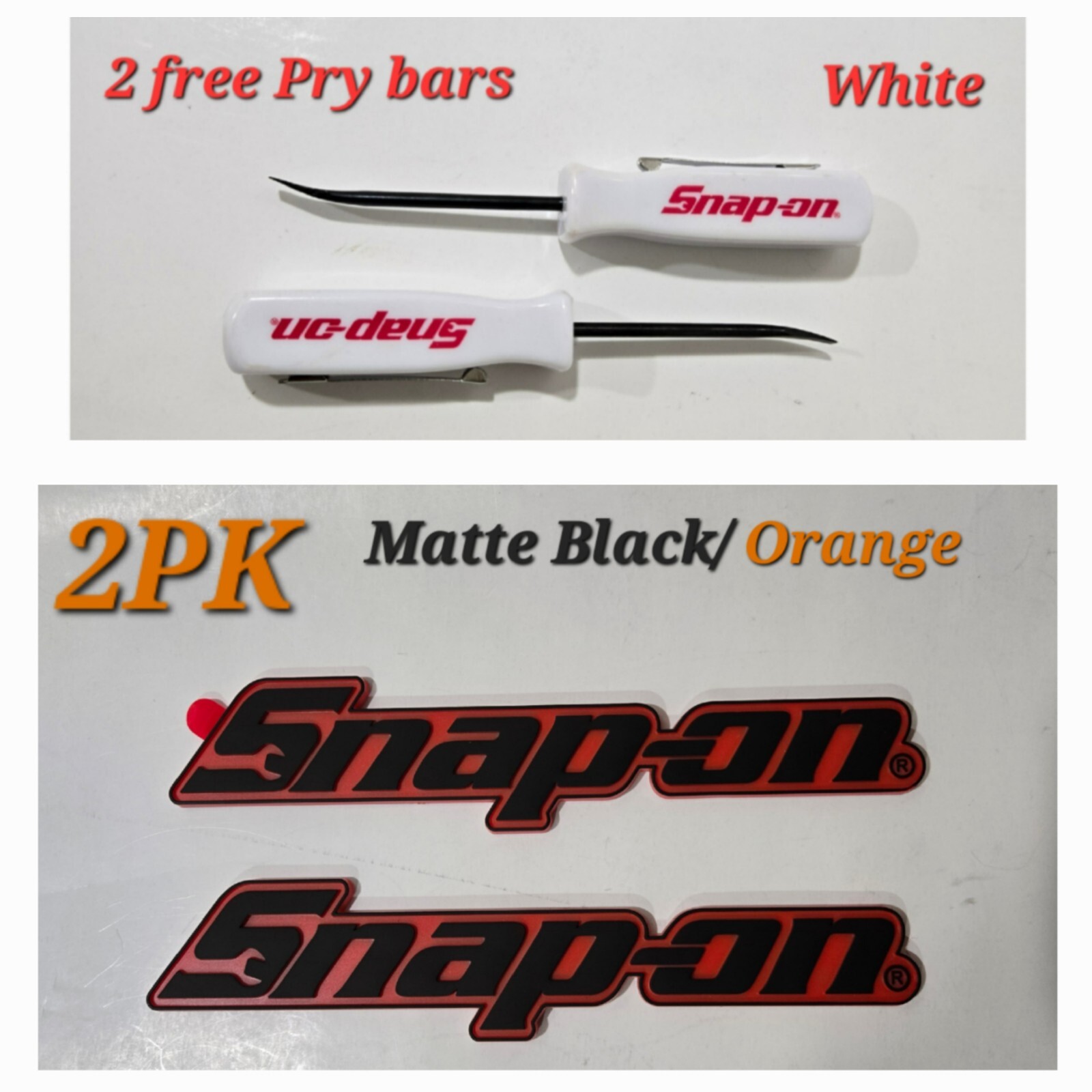 2PK SNAP ON TOOL BOX LOGO EMBLEM MATTE ORANGE Plastic Badge Decal 8" + 2 Prybars