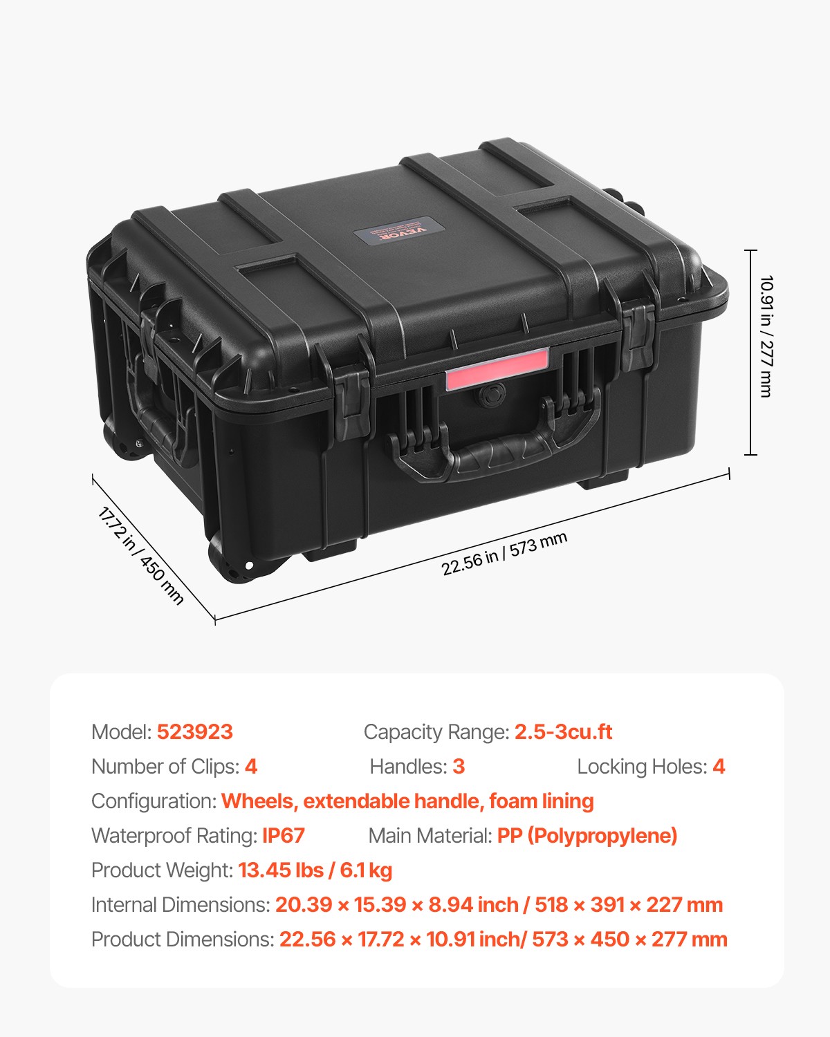 VEVOR 2.5 Cu.ft Weatherproof Hard Case Rolling Wheels & Retractable Handle