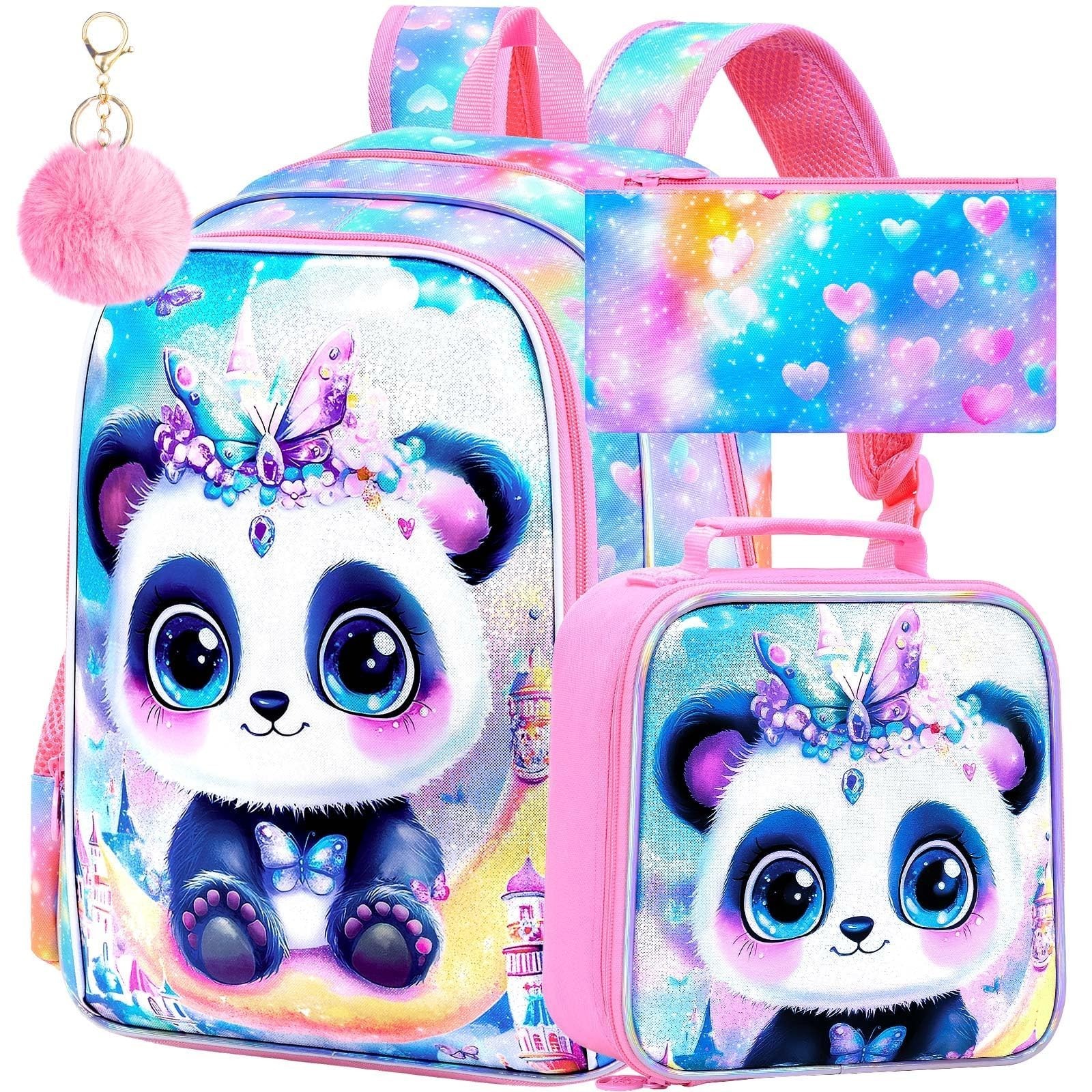 KLFVB 3PCS Panda Bookbag for Girls, Water Resistant Kids Backpack with Lunch ...