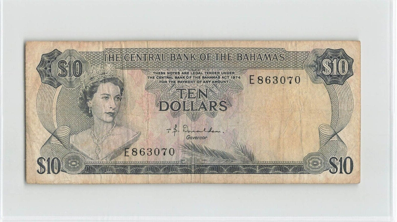 BAHAMAS $10 Dollar 1974, P-38a Central Bank, Donaldson, QEII Banknote.  K5