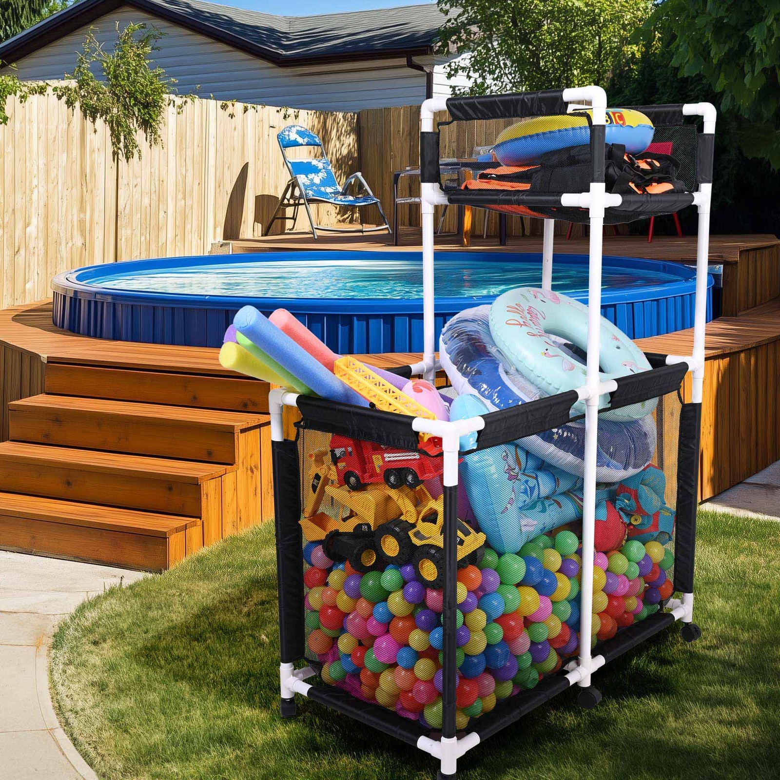 Yescom Extra Large Mesh Pool Storage Bin 6-Wheel Rolling 2-Decker Cart Closeout