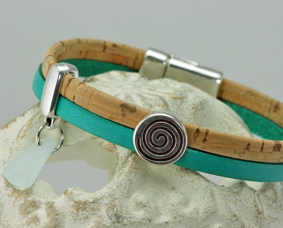 NEW! Tan Cork and Turquoise Leather Silver-Plated Wrap Bracelet
