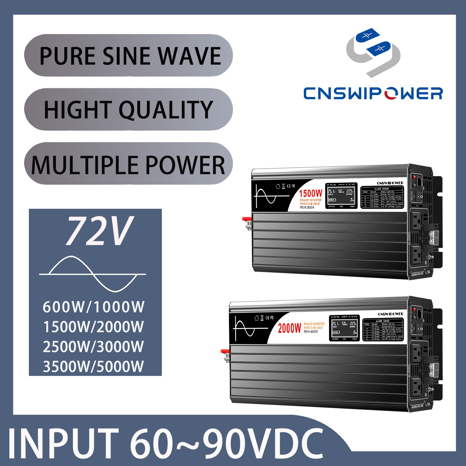 72V 1500W-5000W Pure Sine Wave Inverter DC 60-90V to AC 120V Converter