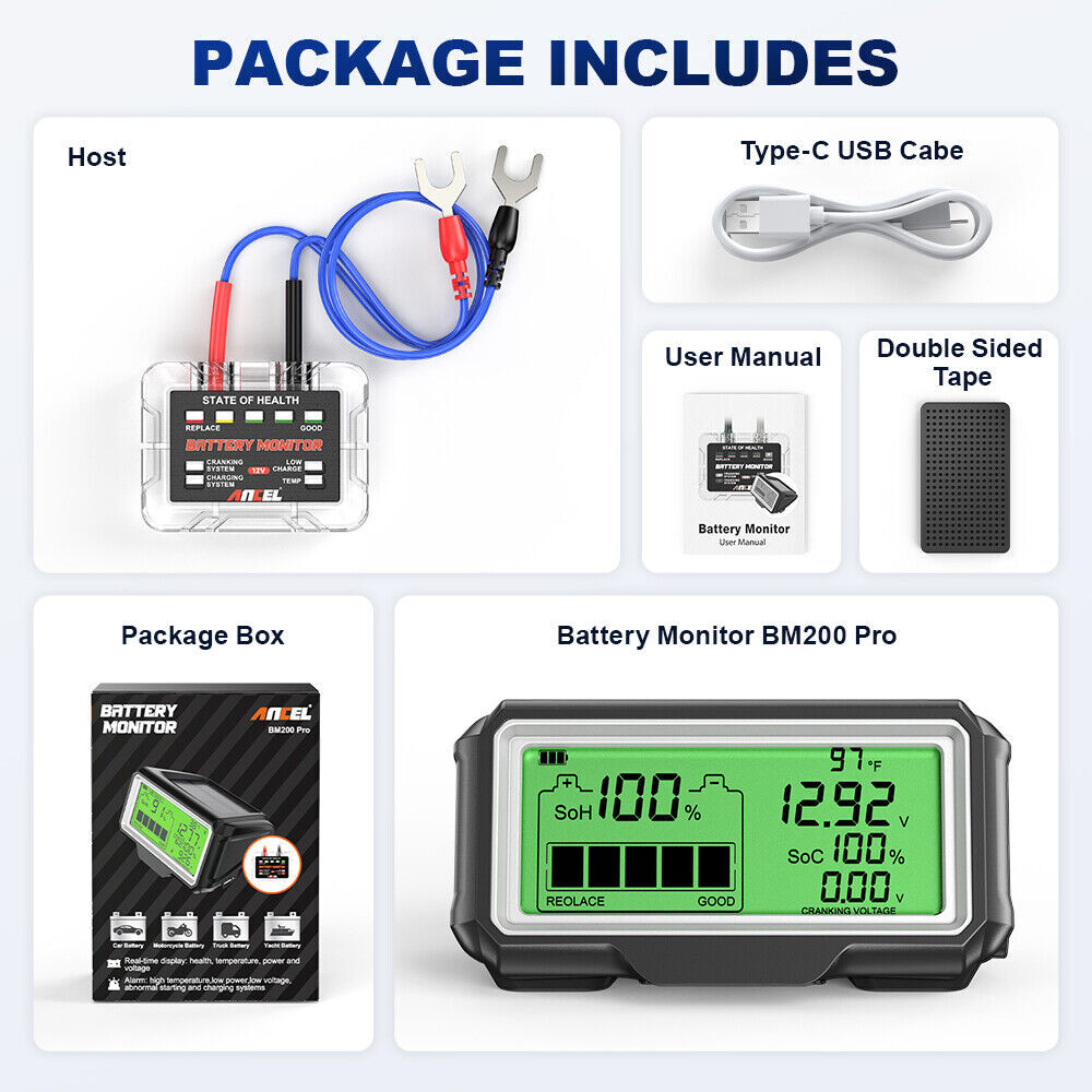 ANCEL BM200 PRO LED Battery Tester Battery Health SOH SOC Tester Analyzer 12V
