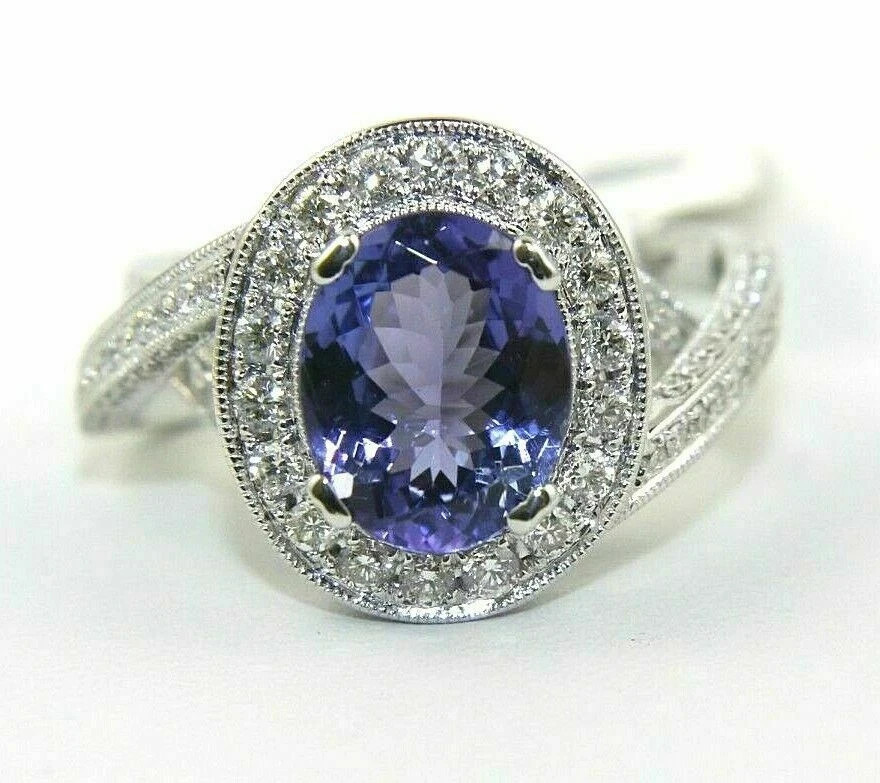 3.00 Ct Oval Cut Natural Tanzanite & Diamond Wedding Ring 14K White Gold