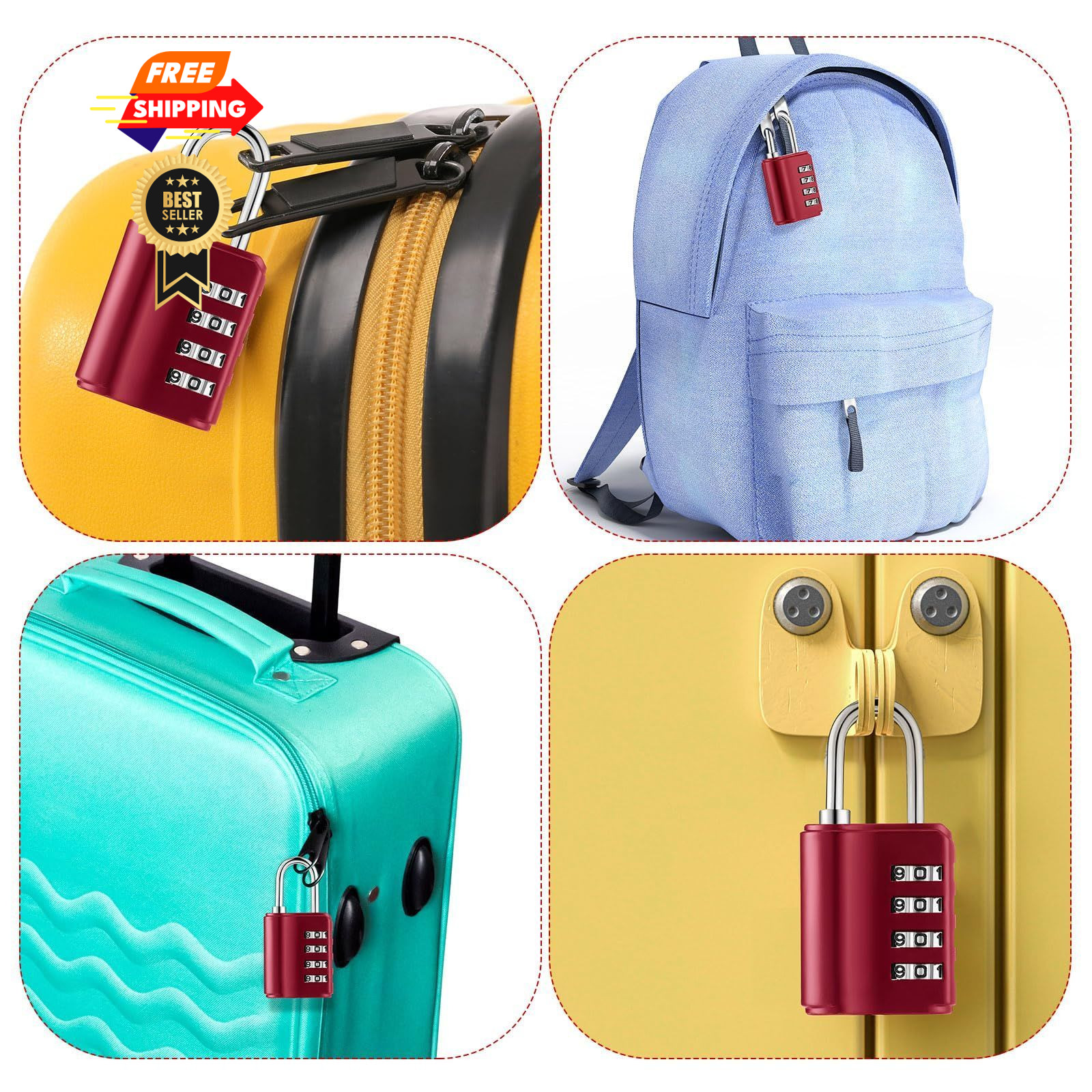 Kenning 10 Pcs Combination Padlock 4 Digit Lock with Keys Red