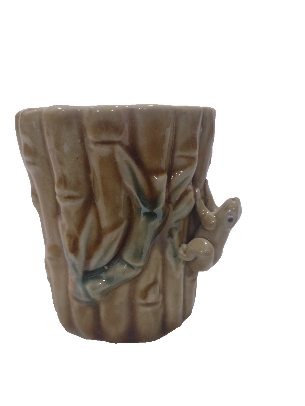 Vintage Majolica Bamboo W/Frog & Leaves Vase/Planter