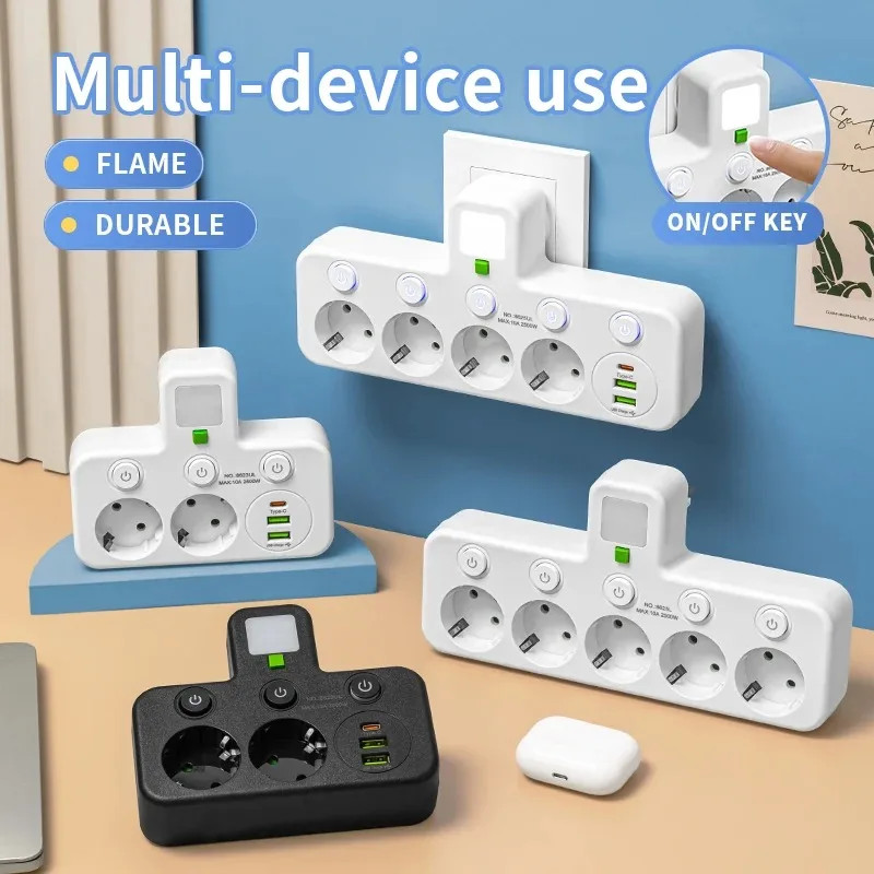 EU plug and socket 4 sockets, multi plug wall power plug and socket without exte