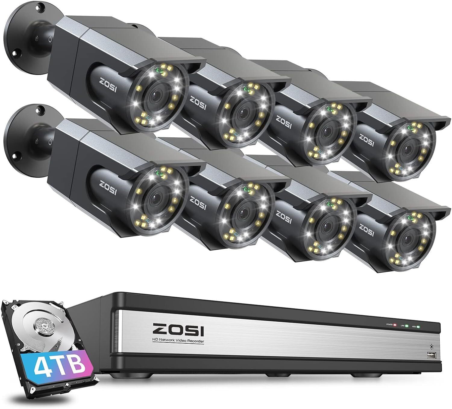 ZOSI 4K Security PoE Camera System with Audio Color Night Vision 24/7 Recording