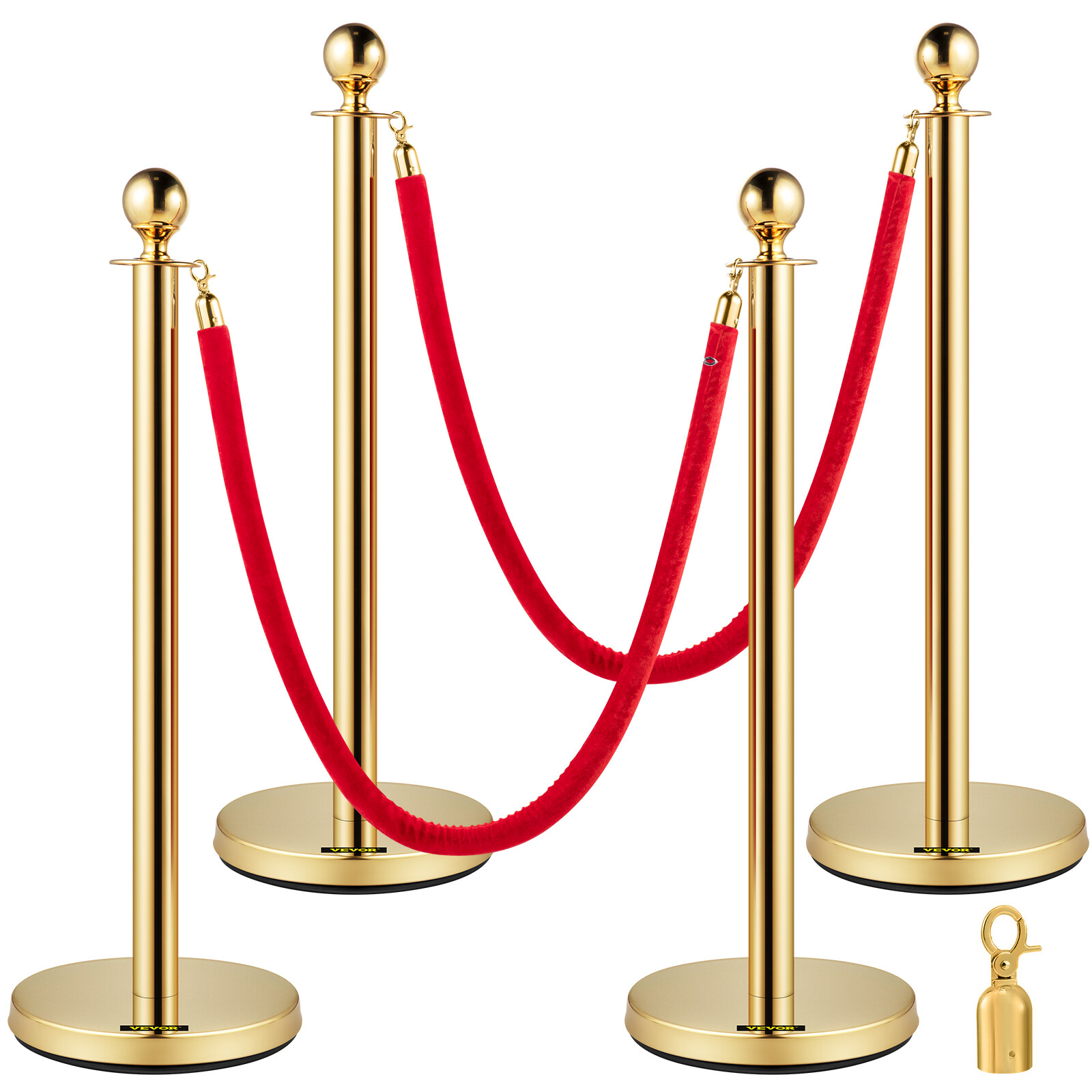 4PCs Crowd Control Stanchion Gold Posts Set w/ Red Velvet Rope Queue Barrier