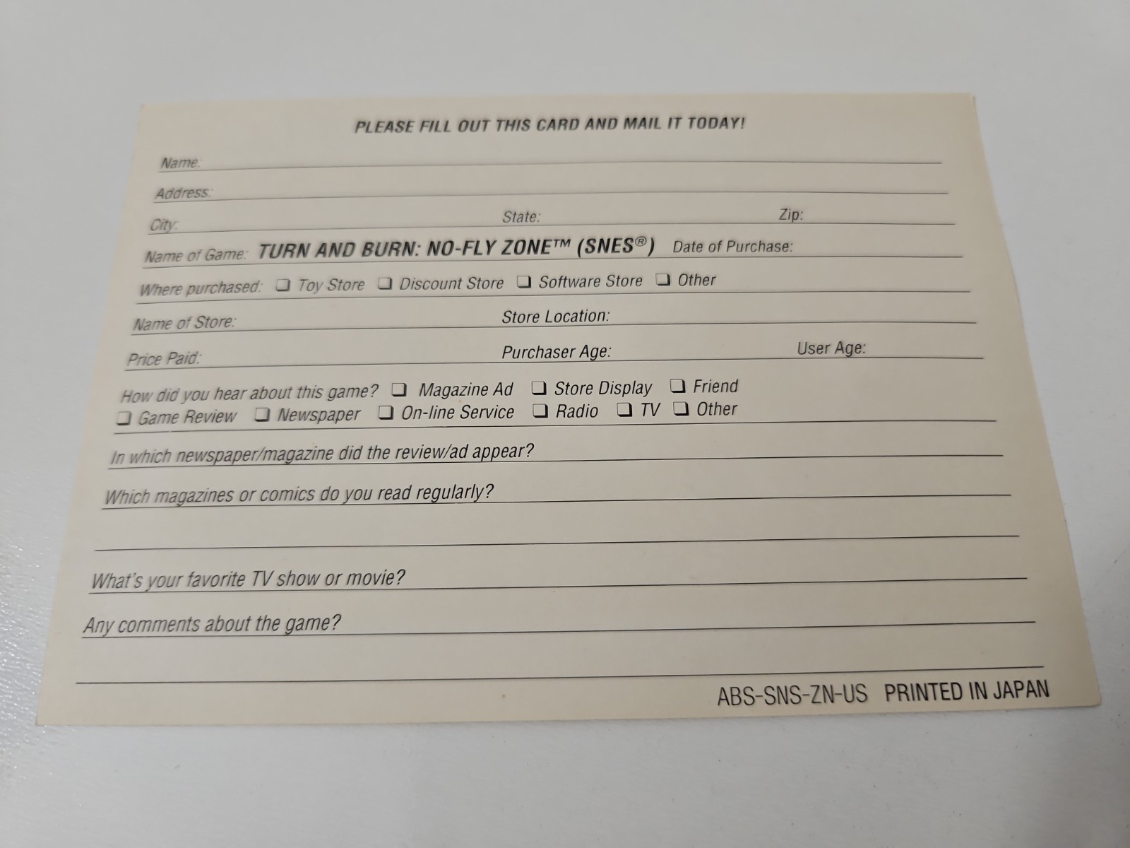 Turn And Burn No-Fly Zone Absolute Registration Card Only Super Nintendo SNES
