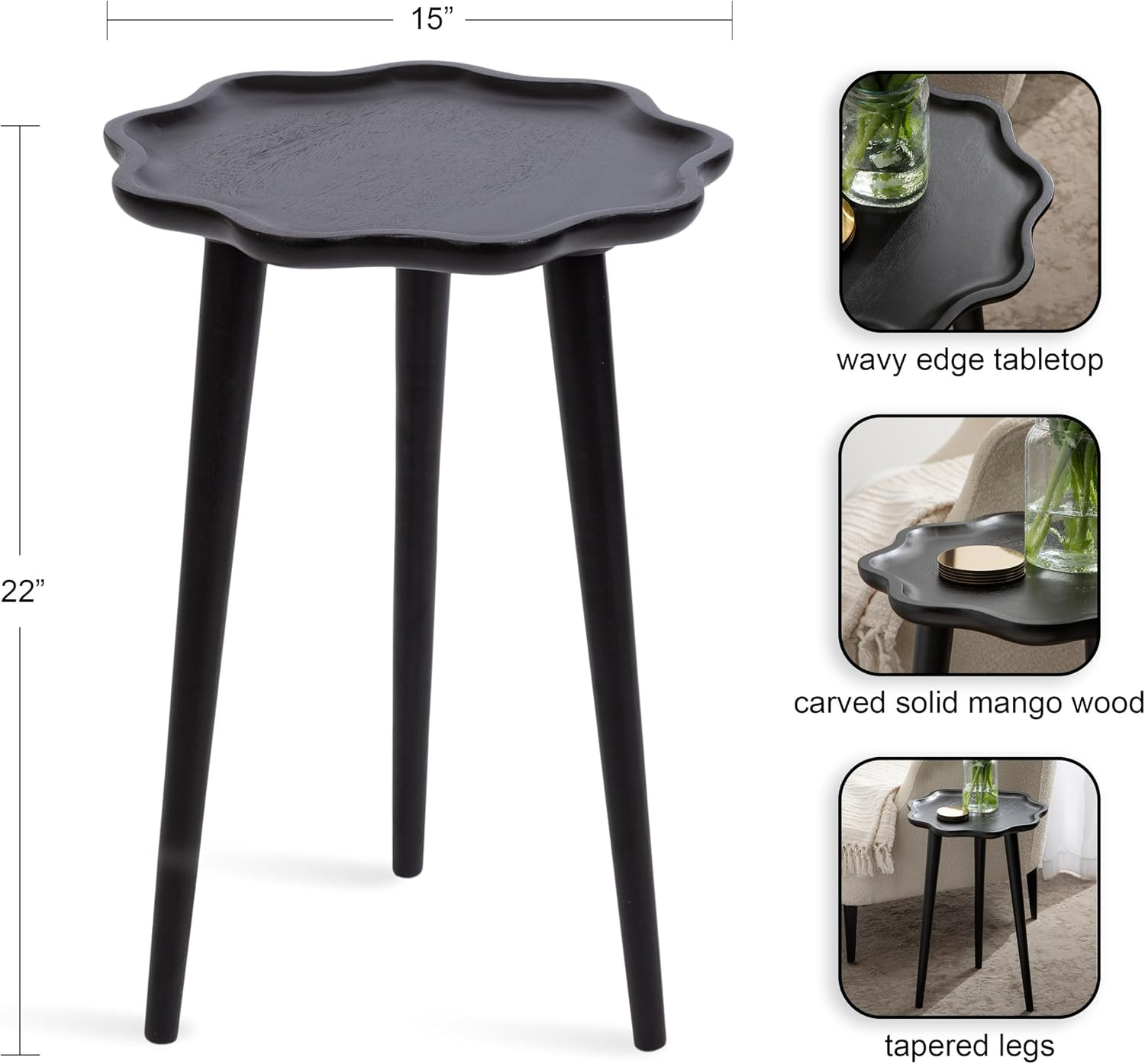 Alezar Modern Wooden round Side Table, 15 X 15 X 22, Black, Solid Wood End Table