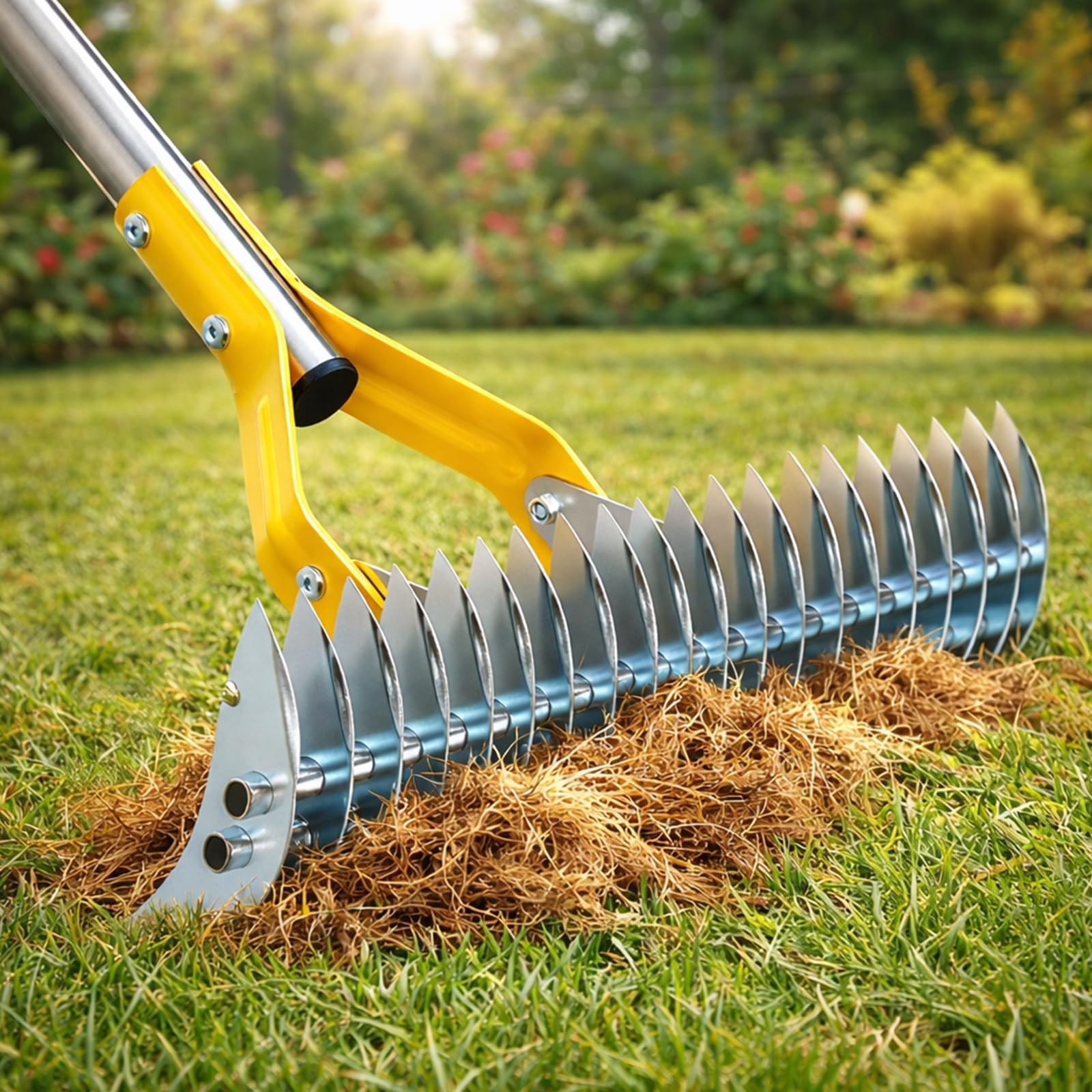 Manual Thatch Rake Lawns DualAction Dethatcher 15" Head 70" Long Handle