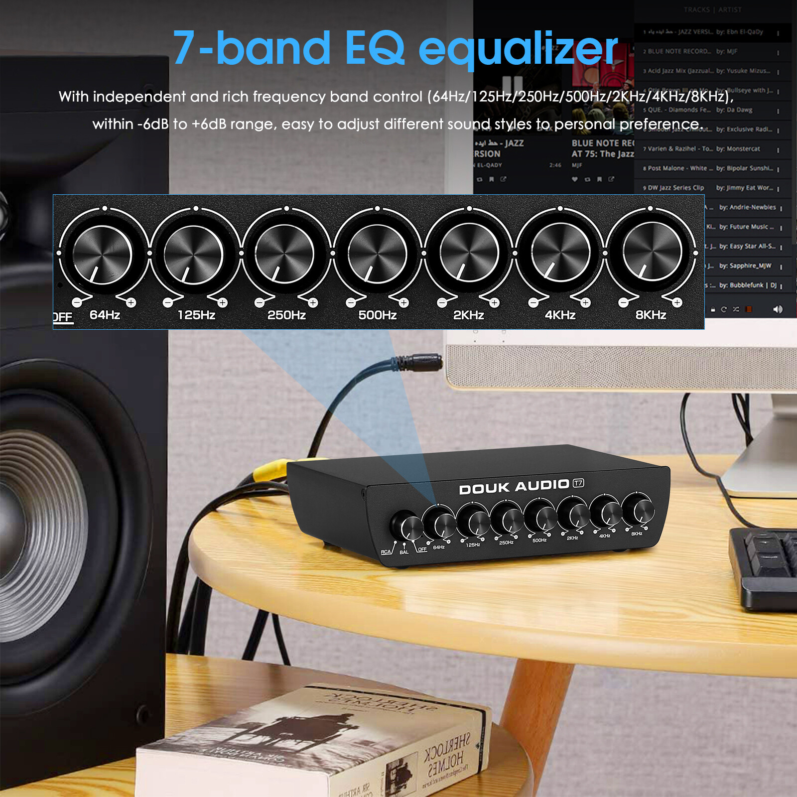 Douk Audio T7 7-Band Audio Equalizer Preamp Balanced XLR / RCA Pre-Amplifier
