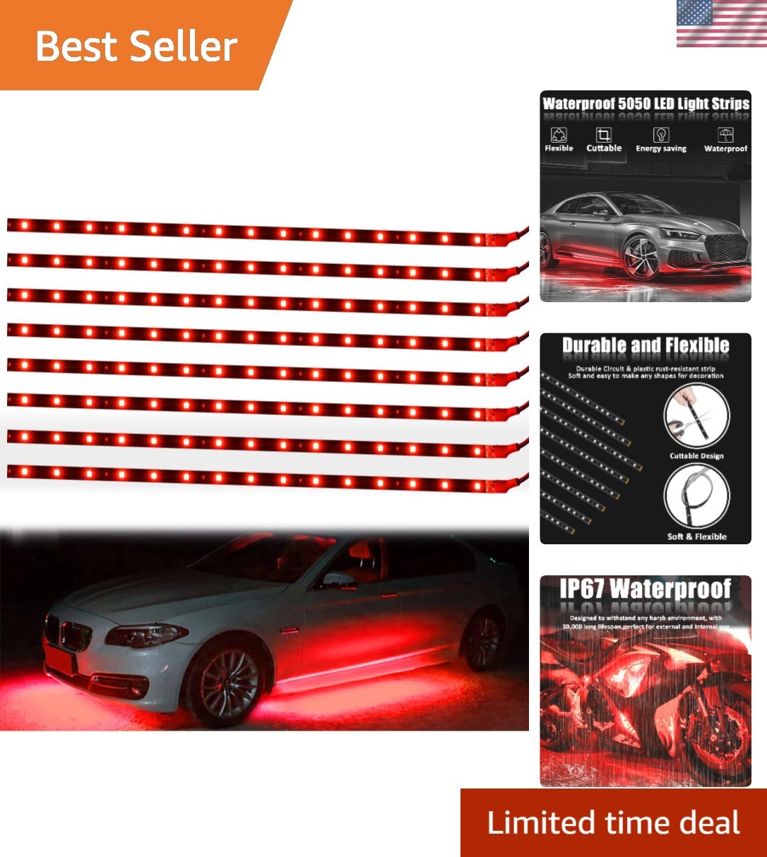 12V Waterproof 30cm 15 LED Lights - Flexible Strips Perfect for Vehicle & Events
