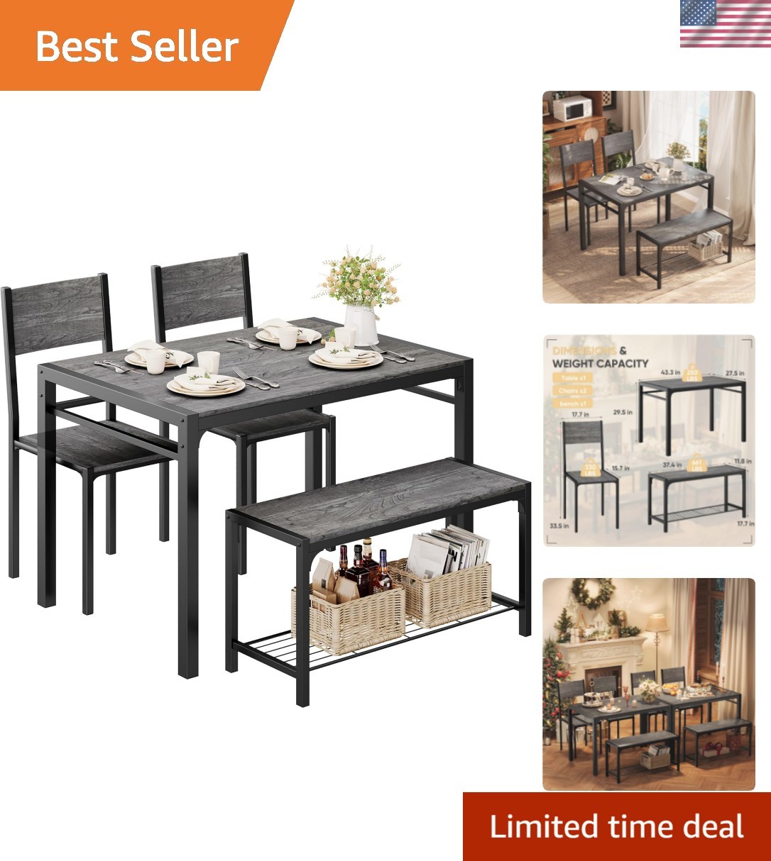 Kitchen Table and 2 Chairs for 4 with Bench, 4 Piece Dining Sets for Small Sp...