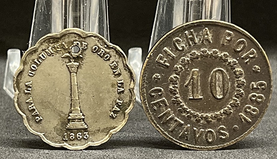 Bolivia 1863 & 1885 lot 2 tokens "Un Real Luis Ampuero La Paz & National Company